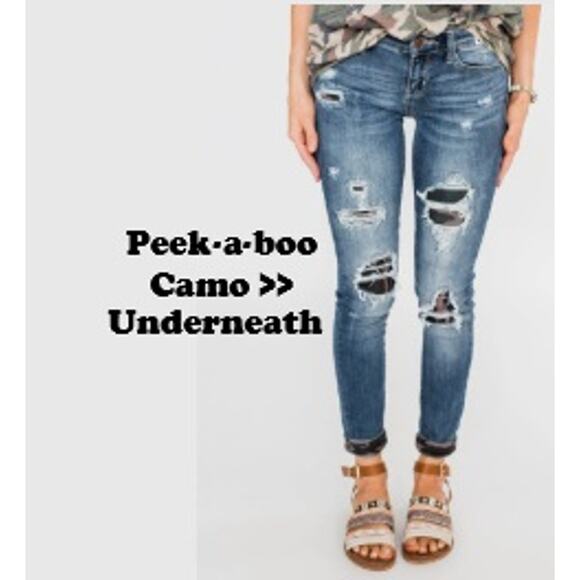 Judy Blue Women 20W Dark Wash Distressed Peek-a-boo Camo Skinny Denim Jeans - Picture 1 of 9